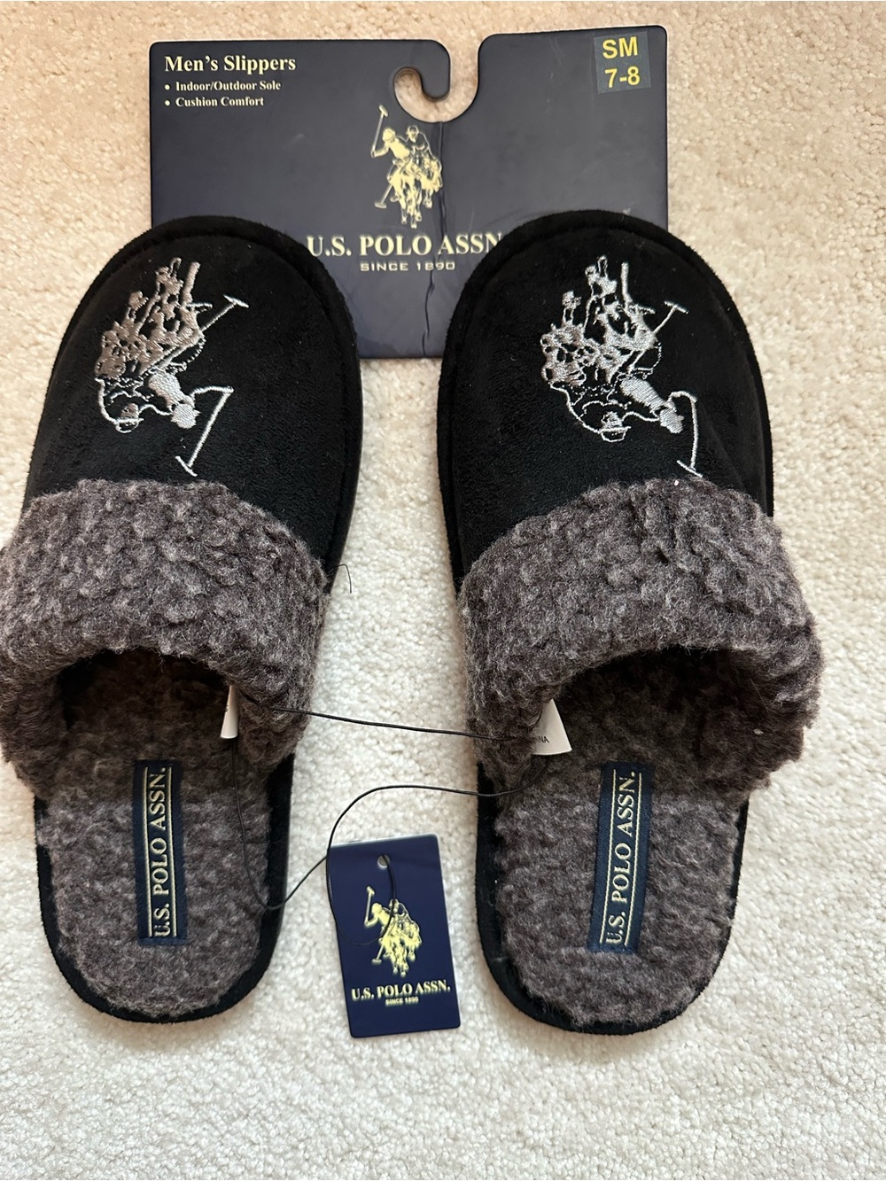 U.S. Polo Assn. Black Slippers with Gray Plush Cuff